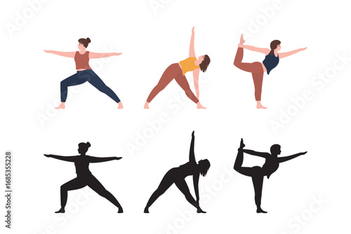 Set of slim sporty young woman doing yoga and fitness. Healthy lifestyle. Collection of female characters demonstrating yoga positions isolated on white background.