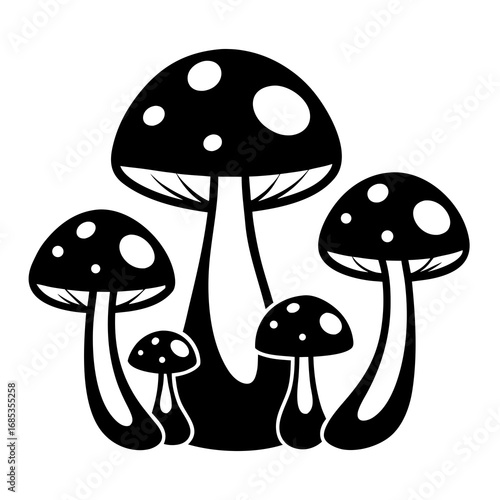 A whimsical group of black and white spotted mushrooms in a stylized design