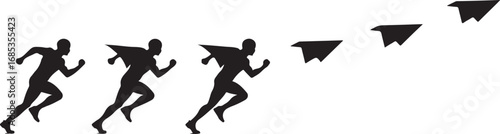 Black silhouettes of runners transforming into paper airplanes ascending on white background running