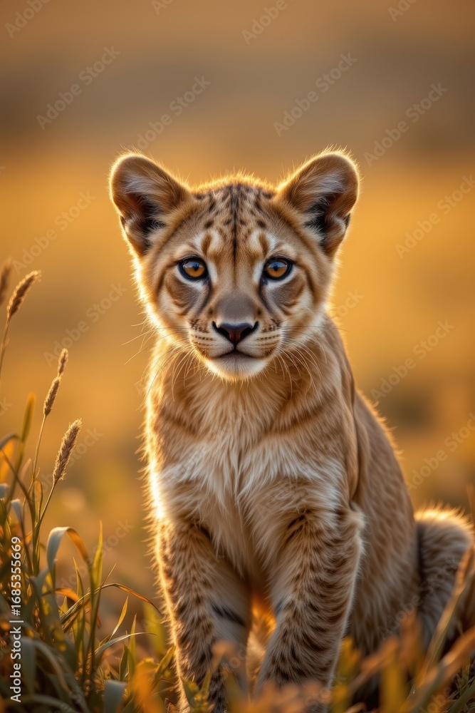 Obraz premium Young lion cub with amber eyes sits in tall grass during golden hour big cat