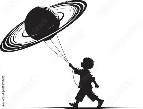 Silhouette of a child holding the planet Saturn as a balloon vector