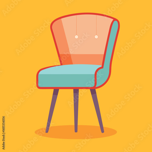 Retro armchair with teal seat and orange back on yellow background