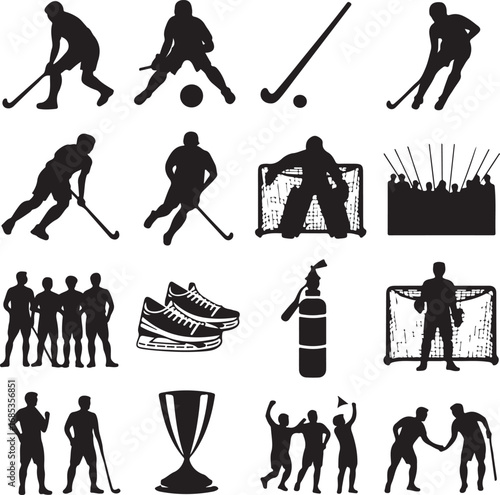 Hockey players goal net trophy shoes and stadium silhouette icons field hockey ice hockey