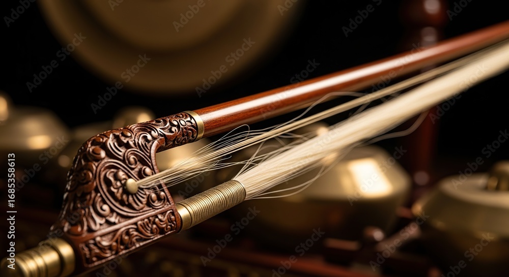 Obraz premium Exquisite Carved Wooden Bow with Horsehair Detail for Traditional String Instrument, Highlighting Artistic Craftsmanship