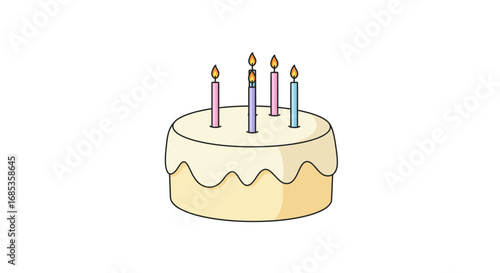A delightful celebration cake adorned with colorful lit candles on a plain white background symbolizing a joyous birthday party and festive occasion
