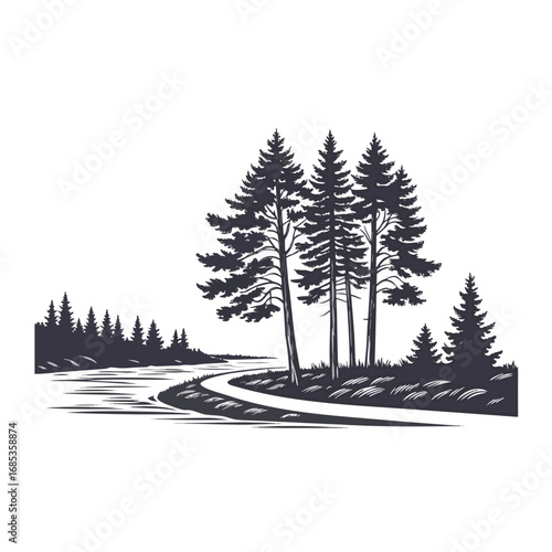 Scenic Pine Tree Forest with River Illustration in Vintage Style