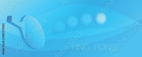 Illustration of table tennis racket, ball, blue abstract background, ping pong tournament poster, competition banner. Flat design concept of indoor team game, sport activity, training, racket sport