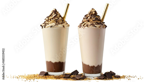 Decadent Milkshake: Two exquisite milkshakes, adorned with rich toppings and a hint of elegance, are presented on a natural background for a delightful display.