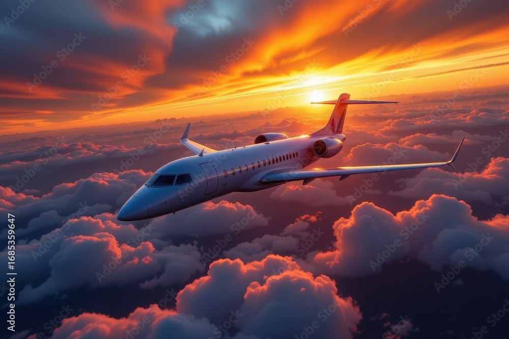 Fototapeta premium A private jet flies through clouds at sunset with dramatic orange sky airplane