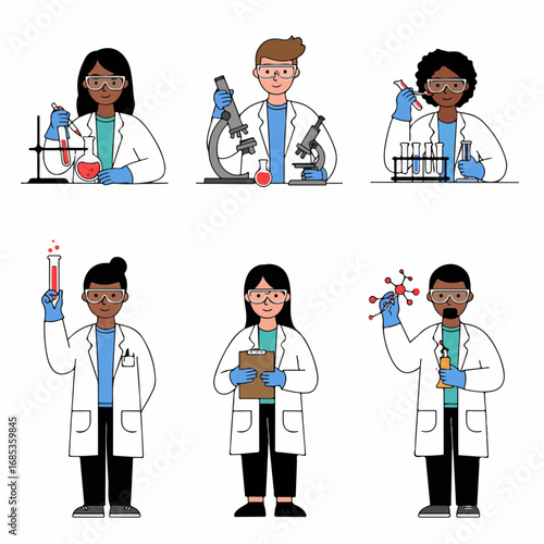 Diverse cartoon scientists in lab coats and safety gear, conducting experiments with microscopes, test tubes, beakers, and molecular models for scientific research.