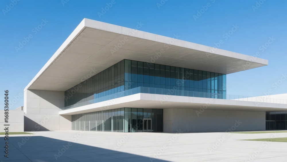 Fototapeta premium Modern Architectural Building with Glass Facade and Overhanging Roof