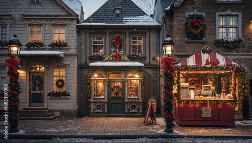 Cozy Christmas street with decorated storefront and lamppost, snowy winter village at night