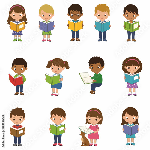 Diverse cartoon children happily reading books, promoting education, literacy, and imaginative learning across various backgrounds.