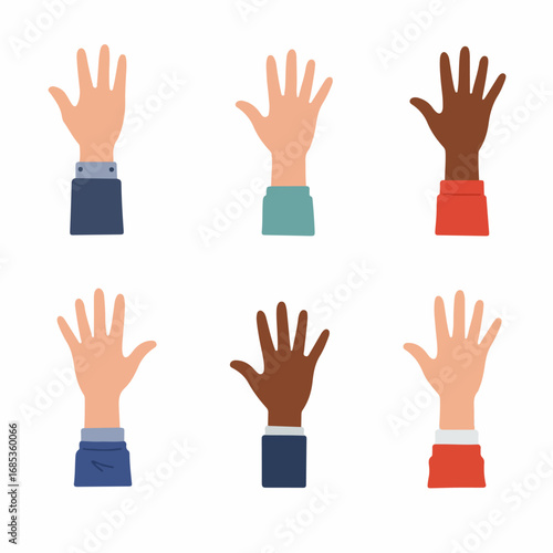 Diverse group of raised hands illustrating participation, voting, volunteering, and asking questions, representing inclusivity and community.