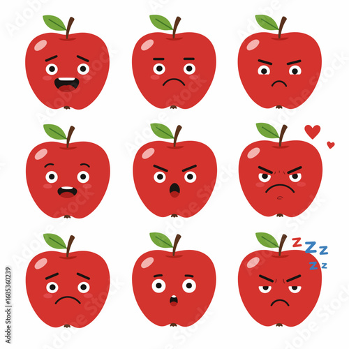 Collection of Cartoon Red Apples with Various Emotions and Facial Expressions on White Background