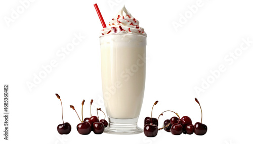 Cherry Milkshake Delight: A creamy milkshake is garnished with a swirl of whipped cream and fresh cherries, with the bright red straw adding a pop of color.