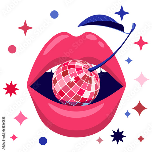 Vector illustration of disco cherry in women lips. Fashion beauty design for party, poster, print, nightlife music event