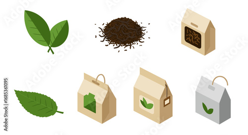 Isometric tea packaging and ingredients with leaves and bags