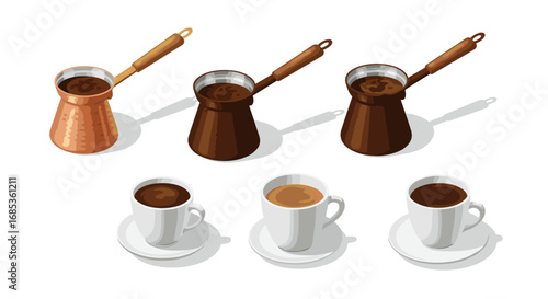 Isometric coffee preparation: turkish coffee pots and cups set on white background