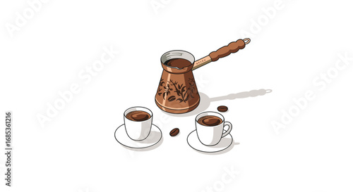 Traditional coffee set with turkish pot and cups on white background