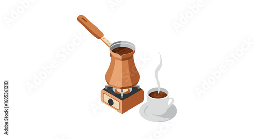 Isometric coffee making scene with traditional pot and cup