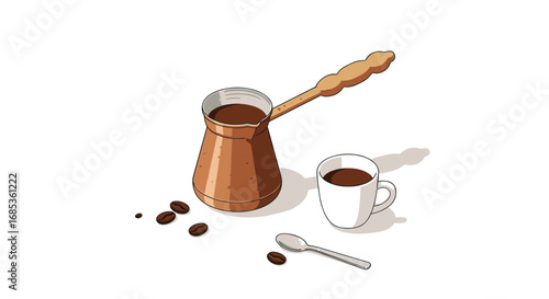 Isometric coffee scene with turkish pot and mug on white background
