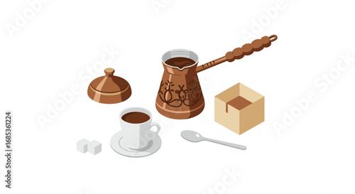Isometric coffee set with traditional pot and cup on white background