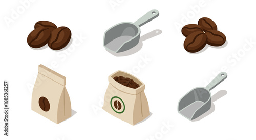 Isometric coffee elements: beans, bags, and scoops in modern design