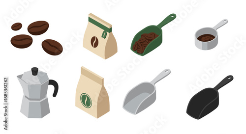 Isometric coffee elements: beans, kettle, and scoops for cafe design