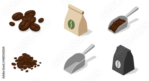 Isometric coffee essentials: beans, bags, and scoops on white background