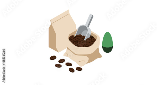 Minimalist coffee bag with scoop and beans on white background