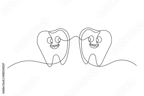 Minimalist teeth outline in continuous one line drawing isolated clean design