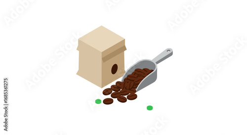 Isometric coffee beans with scoop and bag on white background