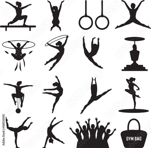 Gymnastics and dance silhouettes of athletes performing on white background sport recreation