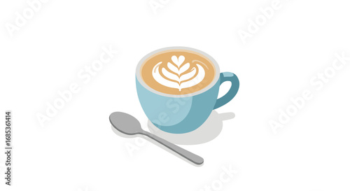 Elegant isometric coffee cup with latte art and spoon on white background