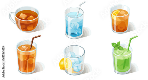 Refreshing summer drinks collection with ice and citrus in glasses