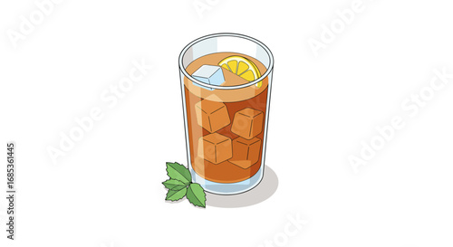 Refreshing glass of iced tea with lemon and mint in modern flat art style