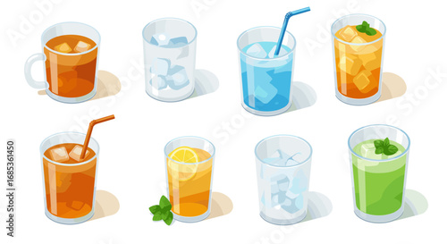 Assorted refreshing drinks with ice in transparent glasses