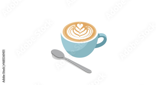 Isometric coffee cup with latte art and spoon on white background