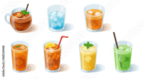 Refreshing assortment of colorful cold drinks with ice and garnishes on white background