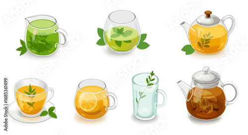 Assorted tea glasses and teapots with herbal leaves and lemon in realistic style