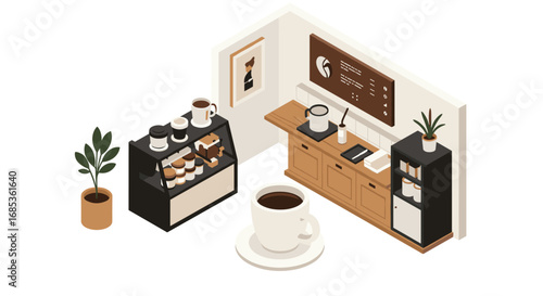 Modern isometric coffee shop interior design with cozy decor elements