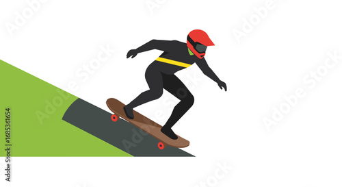 Skater in motion: dynamic flat illustration of a skateboarder on a ramp