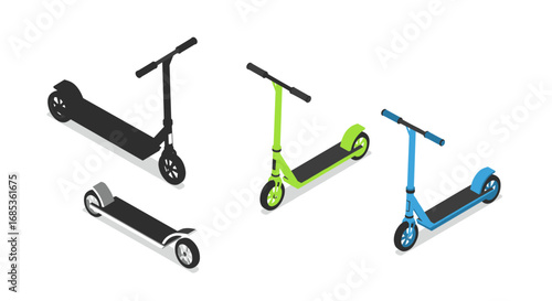 Modern isometric electric scooters in various colors and designs