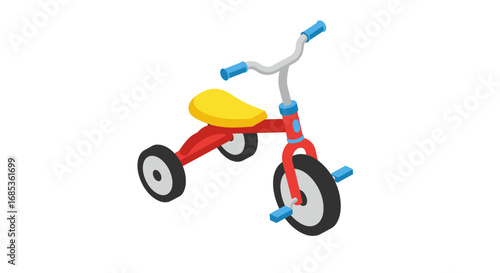 Colorful isometric tricycle with red frame and yellow seat on white background