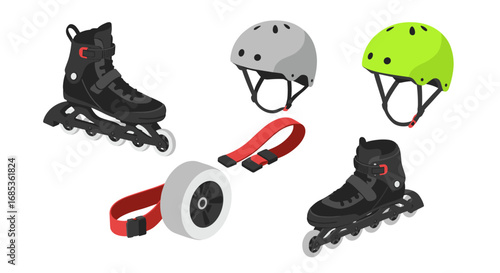 Roller skating equipment set with inline skates, helmets, and accessories in isometric style