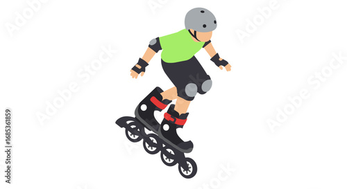 Young skater in action: isometric rollerblading with helmet and pads