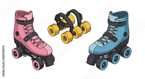 Colorful isometric roller skates and skate accessories on white background