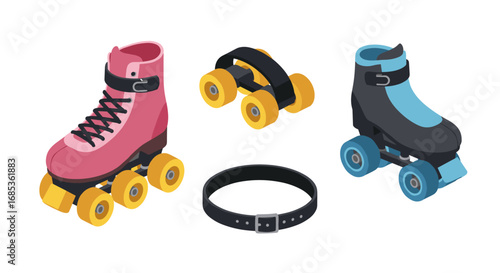 Retro roller skates and accessories in vibrant isometric design