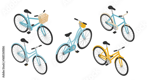 Colorful isometric bicycles collection with wicker basket and dynamic designs